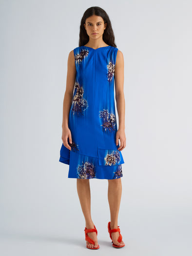 Proenza Schouler Front full length image of model wearing Rhetta Dress in Printed Viscose Cady in Cerulean Multi