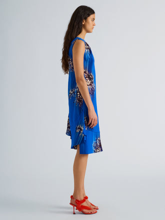 Proenza Schouler Side full length image of model wearing Rhetta Dress in Printed Viscose Cady in Cerulean Multi
