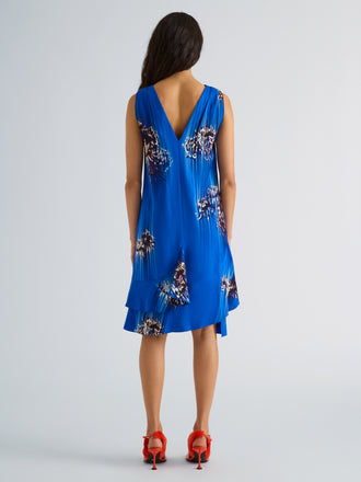 Proenza Schouler Back full length image of model wearing Rhetta Dress in Printed Viscose Cady in Cerulean Multi
