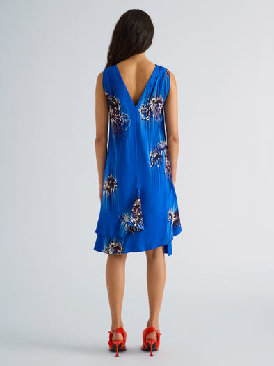 Proenza Schouler Back full length image of model wearing Rhetta Dress in Printed Viscose Cady in Cerulean Multi
