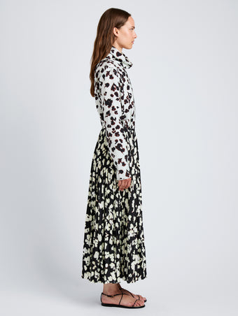Proenza Schouler Full Length Side Image of model wearing Runa Skirt in Printed Soft Twill in Black Floral