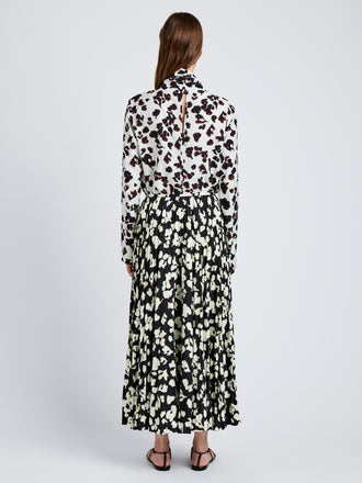Proenza Schouler Full Length Back Image of model wearing Runa Skirt in Printed Soft Twill in Black Floral