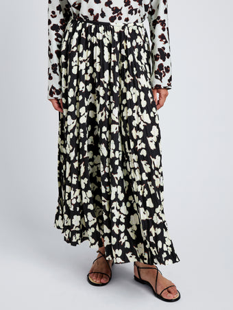 Proenza Schouler detail Image of model wearing Runa Skirt in Printed Soft Twill in Black Floral