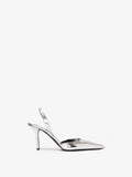Front image of Slash Slingback Pumps in Mirrored Metallic in SILVER SPECCHIO