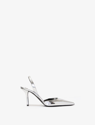 Front image of Slash Slingback Pumps in Mirrored Metallic in SILVER SPECCHIO