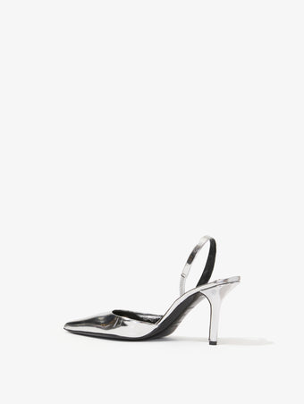 3/4 Back image of Slash Slingback Pumps in Mirrored Metallic in SILVER SPECCHIO
