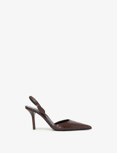 Front image of Slash Slingback Pumps in Embossed Python in CHOCOLATE
