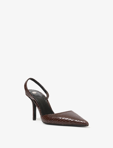 3/4 Front image of Slash Slingback Pumps in Embossed Python in CHOCOLATE