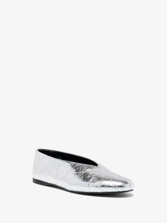 Proenza Schouler front 3/4 image of Tee Ballet Flats in Crinkle Metallic in silver