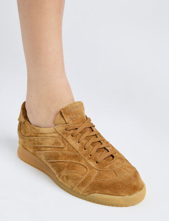 On model image of Track Sneakers in Suede in Tobacco