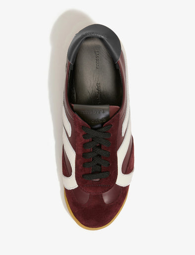Aerial image of Track Sneakers in colorway Oxblood and ivory stripes.