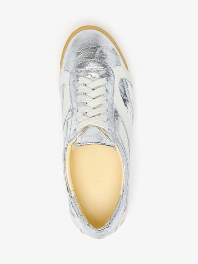 Proenza Schouler aerial image of Track Sneakers in Crinkled Metallic in silver