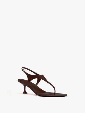 3/4 Front image of Tee Thong Sandals in slick nappa in chocolate