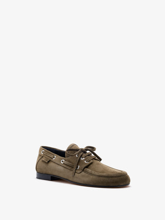 3/4 Front image of Deck Shoes in Kidsuede in Moss