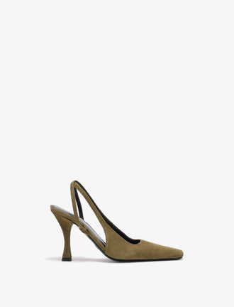 Front image of Trap Cross Slingback Pumps in Kidsuede in Moss