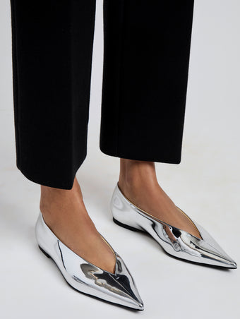 Proenza Schouler Image of model wearing Slash Flats in Mirrored Metallic in Silver
