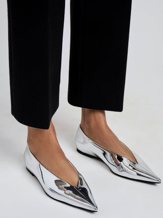 Proenza Schouler Image of model wearing Slash Flats in Mirrored Metallic in Silver