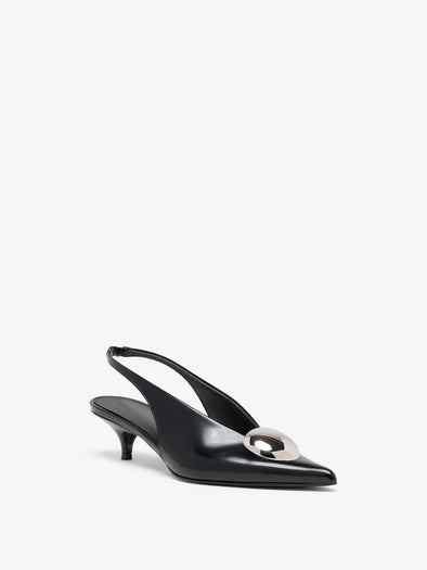 Proenza Schouler 3/4 Front image of Dome Slash Slingbacks in Polished Calf in Black