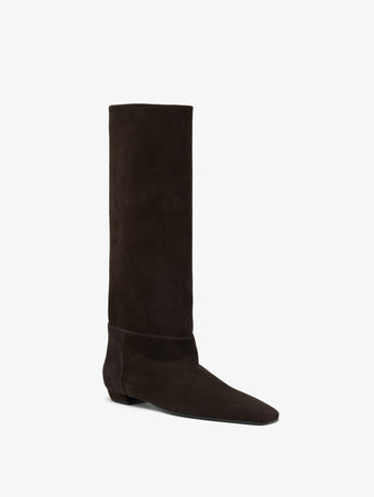 Proenza Schouler 3/4 Front image of Trap Flat Boots in Kidsuede in Chocolate