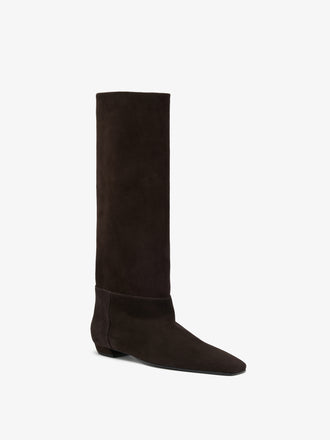 Proenza Schouler 3/4 Front image of Trap Flat Boots in Kidsuede in Chocolate