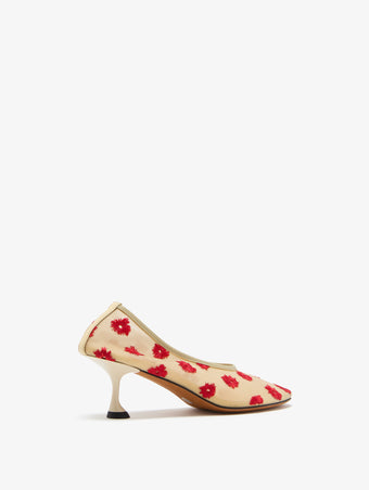 Proenza Schouler Back 3/4 image of Tee Embroidered Pumps in Stretch Mesh in nude/red