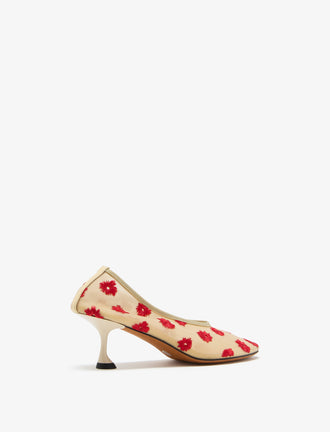 Proenza Schouler Back 3/4 image of Tee Embroidered Pumps in Stretch Mesh in nude/red