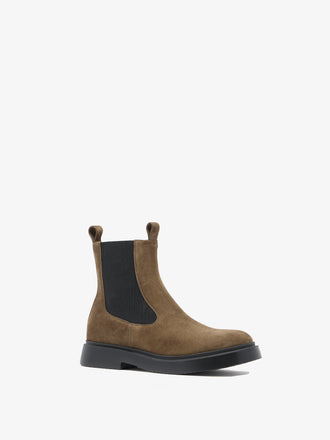 Proenza Schouler 3/4 side image of Bank Chelsea Boots in Suede in bark