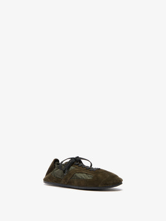 Proenza Schouler 3/4 Front image of Soft Track Sneakers in Nylon Calfsuede Combo in Caper