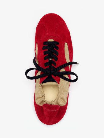 Proenza Schouler Aerial image of Soft Track Sneakers in Nylon Calfsuede Combo in BirchRed Combo