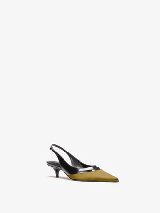 Proenza Schouler 3/4 Front image of Slash Slingback In Spazzolato and Satin Combo in Black Pistachio Combo