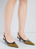 Proenza Schouler Image of model wearing Slash Slingback In Spazzolato and Satin Combo in Black Pistachio Combo
