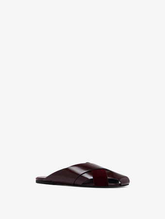 Proenza Schouler 3/4 Front image of Slant Cross Slides In Brushed Calf And Calfsuede in Merlot