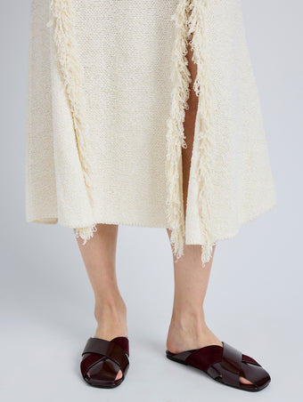 Proenza Schouler Image of model wearing Slant Cross Slides In Brushed Callf And Calfsuede in Merlot