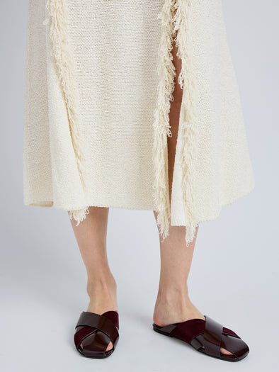 Proenza Schouler Image of model wearing Slant Cross Slides In Brushed Callf And Calfsuede in Merlot