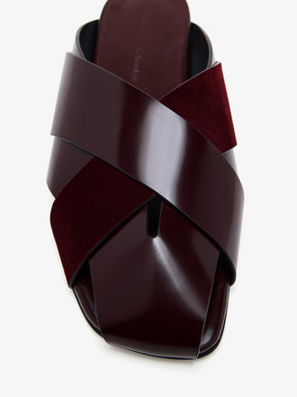 Proenza Schouler Detail image of Slant Cross Slides In Brushed Callf And Calfsuede in Merlot