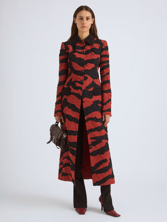 Proenza Schouler Front On Model Image of SORAYA JACKET IN TIGER CRINKLE INTARSIA in Paprika Black