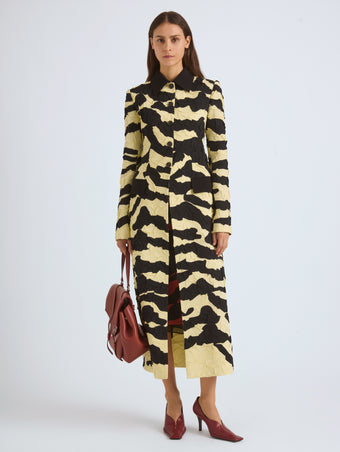 Proenza Schouler Front On Model Image of SORAYA JACKET IN TIGER CRINKLE INTARSIA in Quartz Black 