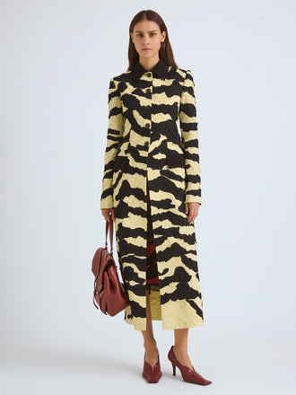 Proenza Schouler Front On Model Image of SORAYA JACKET IN TIGER CRINKLE INTARSIA in Quartz Black 