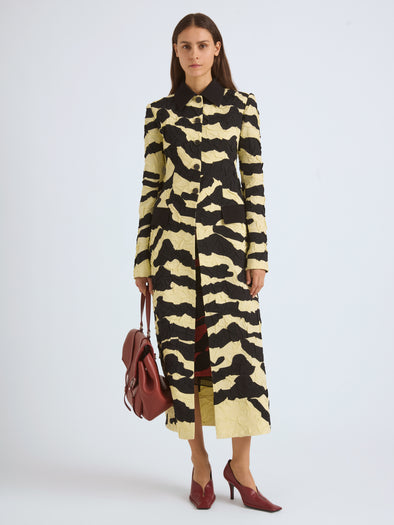 Proenza Schouler Front On Model Image of SORAYA JACKET IN TIGER CRINKLE INTARSIA in Quartz Black 