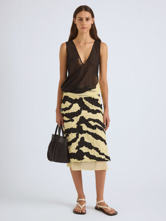Proenza Schouler Front On Model Image of SORAYA SKIRT IN TIGER CRINKLE INTARSIA in Quartz Black