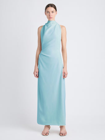 Front image of model wearing Selena Twist Back Dress in Matte Viscose Crepe in pale blue