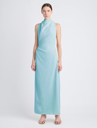 Front image of model wearing Selena Twist Back Dress in Matte Viscose Crepe in pale blue