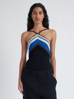 Cropped front image of model wearing Bella Tank in Crochet Stripe Knit in black multi