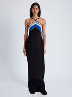 Front image of model wearing Naomi Dress in Crochet Stripe Knit in black multi