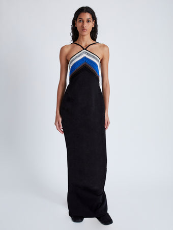 Front image of model wearing Naomi Dress in Crochet Stripe Knit in black multi