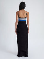 Back image of model wearing Naomi Dress in Crochet Stripe Knit in black multi