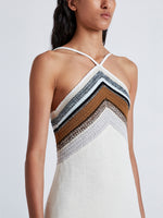 Detail image of model wearing Naomi Dress in Crochet Stripe Knit in white multi