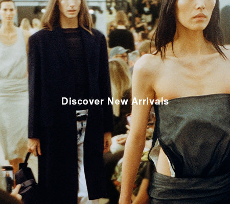 Cropped image of models walking in Proenza Schouler Spring Summer 2024 Runway show, 'Discover New Arrivals' overlaid