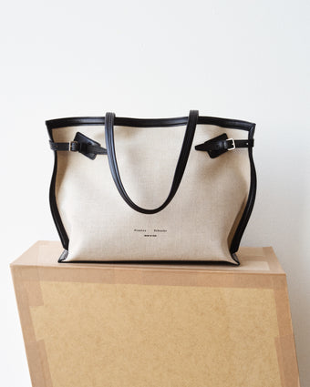 Days Tote in Natural Linen in natural/black on cardboard platform