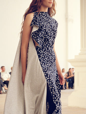 Model walking Proenza Schouler SS25 Runway show wearing Devyn Dress in Printed Silk Viscose in navy multi